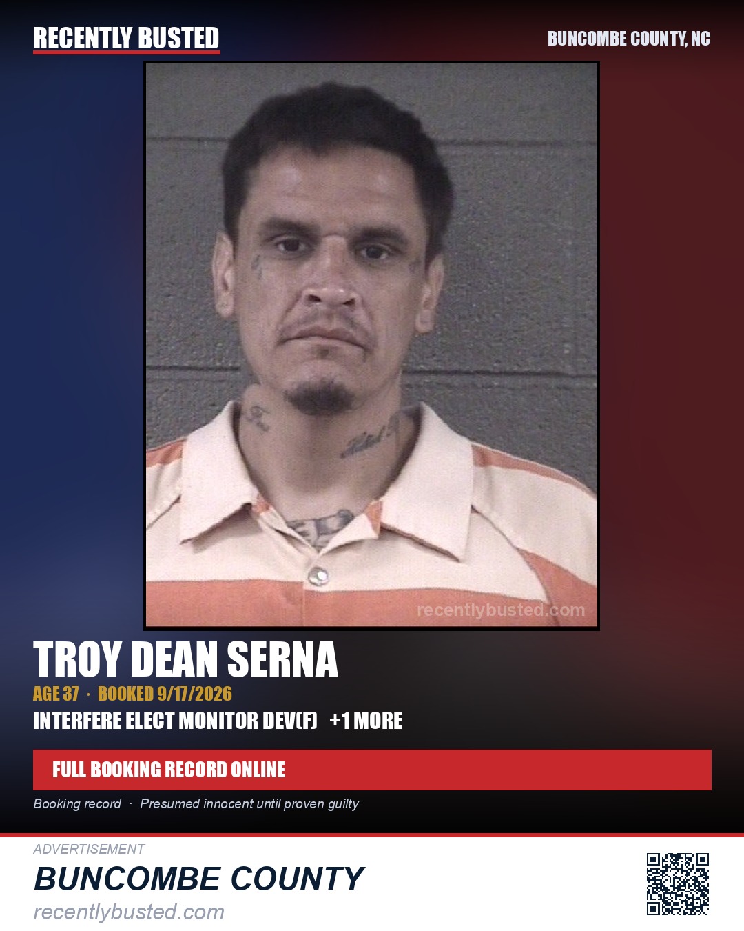 TROY DEAN SERNA — arrest record card, Buncombe County, North Carolina