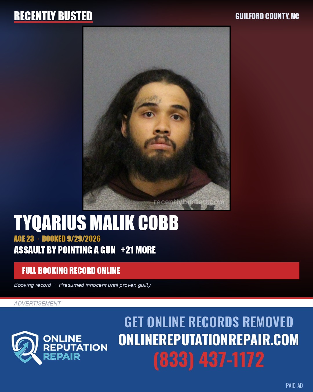 TYQARIUS MALIK COBB — arrest record card, Guilford County, North Carolina