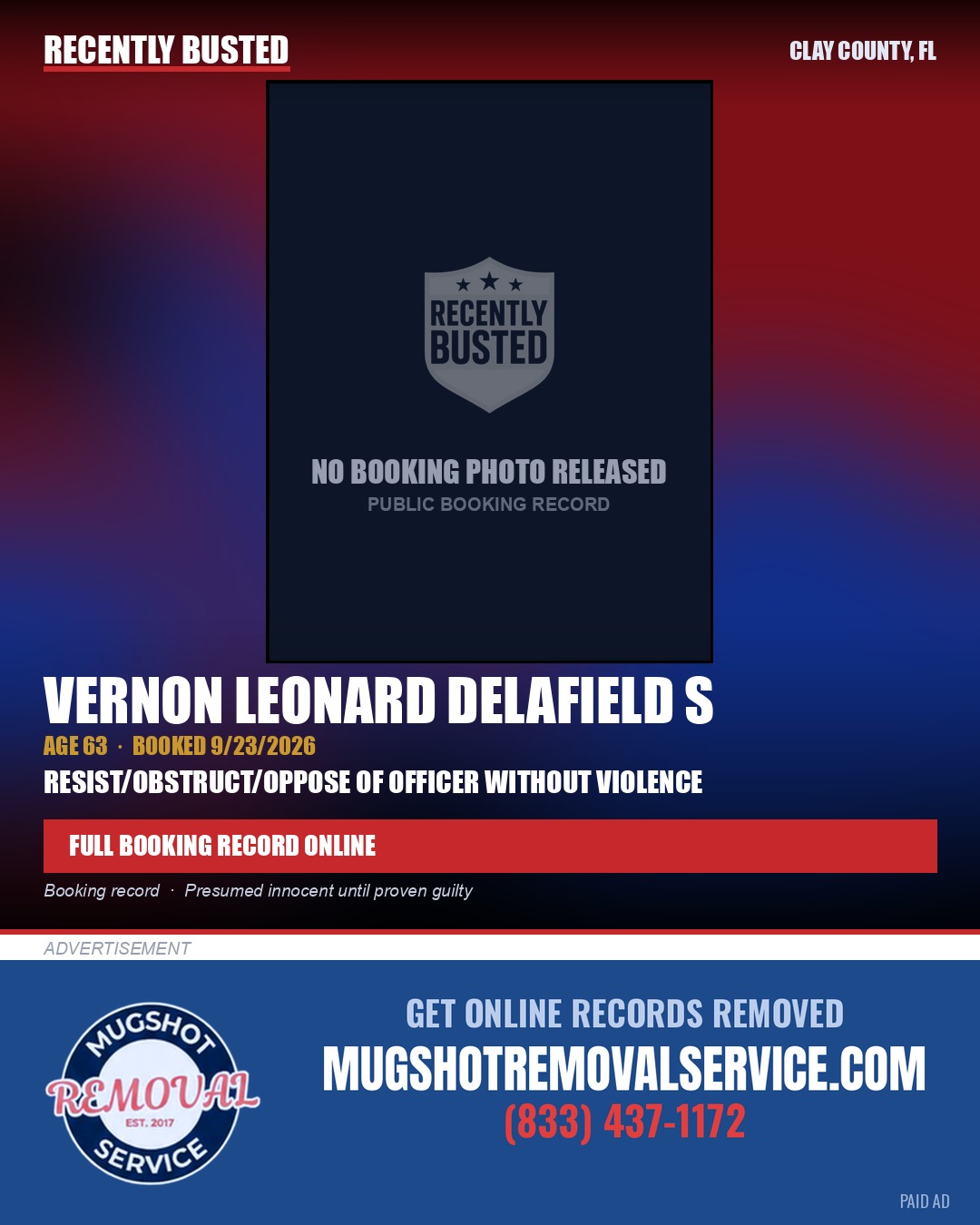 VERNON LEONARD DELAFIELD S — arrest record card, Clay County, Florida