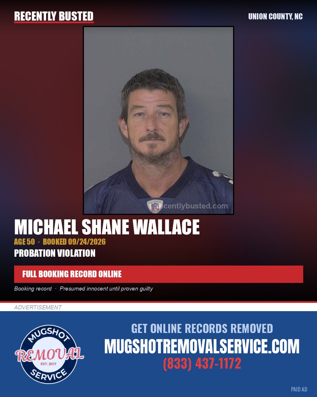 WALLACE, MICHAEL SHANE — arrest record card, Union County, North Carolina