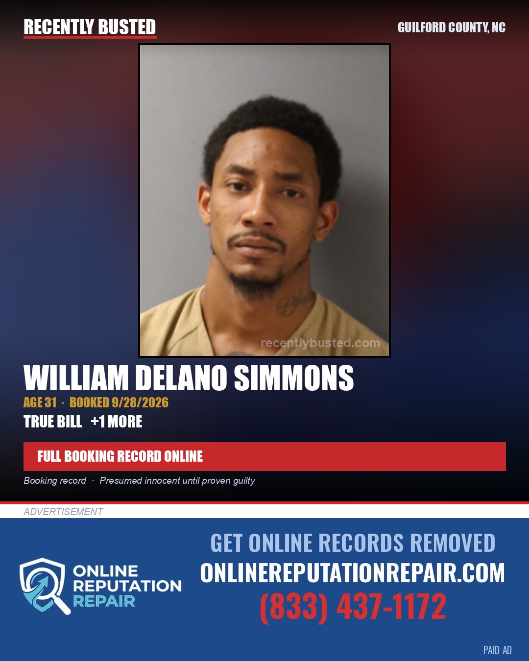 WILLIAM DELANO SIMMONS — arrest record card, Guilford County, North Carolina