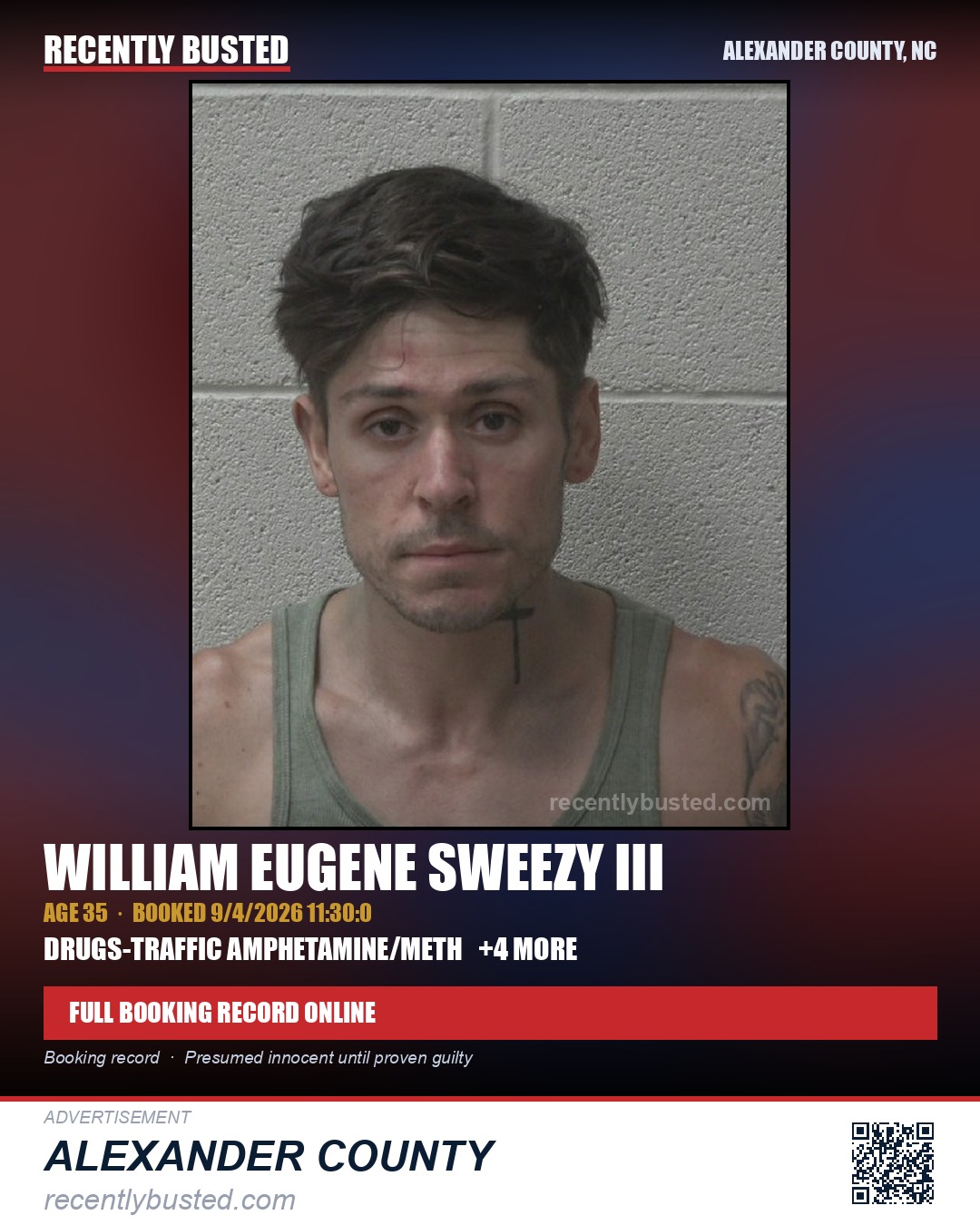 WILLIAM EUGENE SWEEZY III — arrest record card, Alexander County, North Carolina