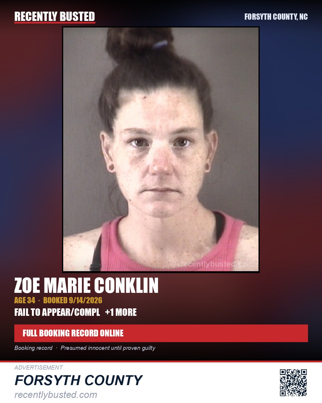 ZOE MARIE CONKLIN — arrest record card, Forsyth County, North Carolina