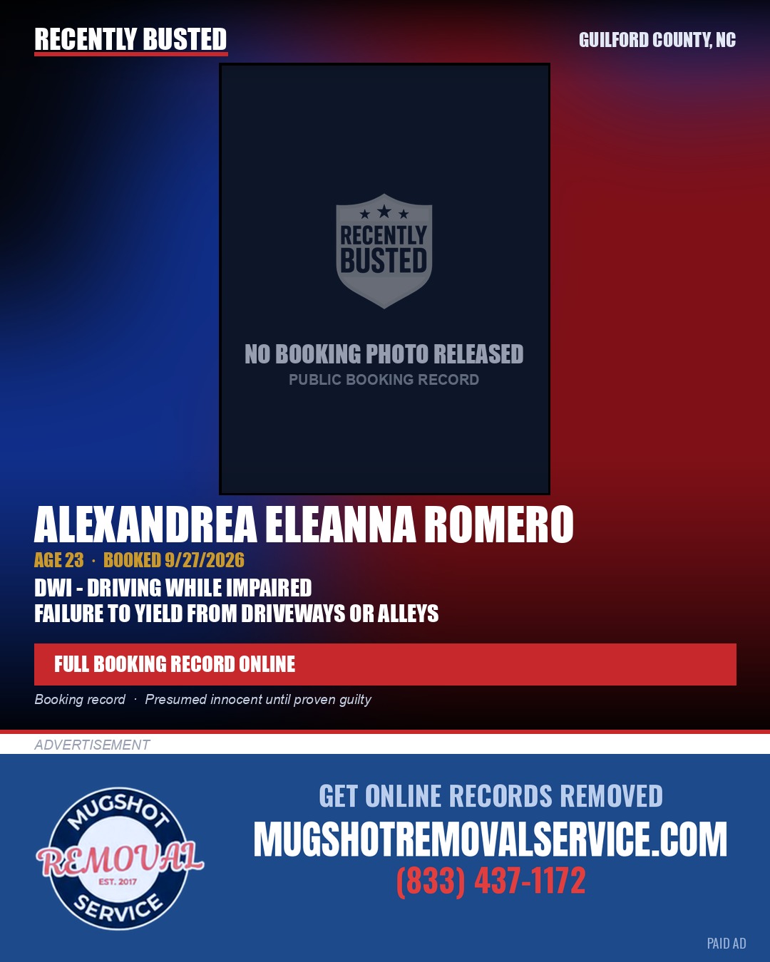 ALEXANDREA ELEANNA ROMERO — arrest record card, Guilford County, North Carolina
