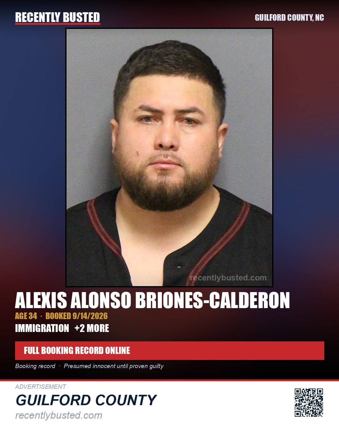 ALEXIS ALONSO BRIONES-CALDERON — arrest record card, Guilford County, North Carolina