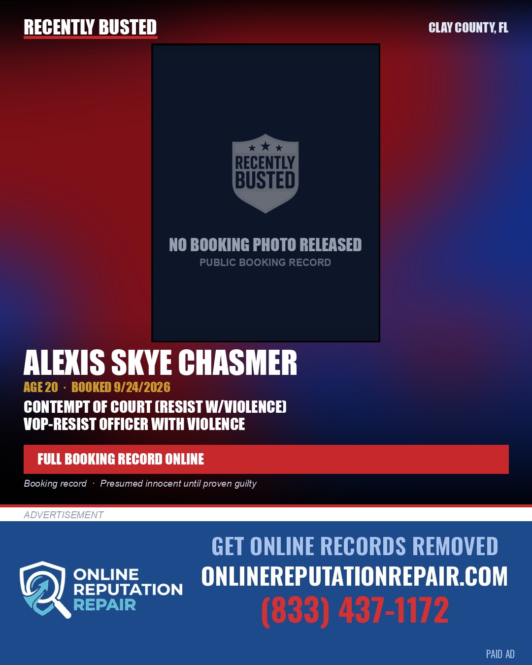 ALEXIS SKYE CHASMER — arrest record card, Clay County, Florida