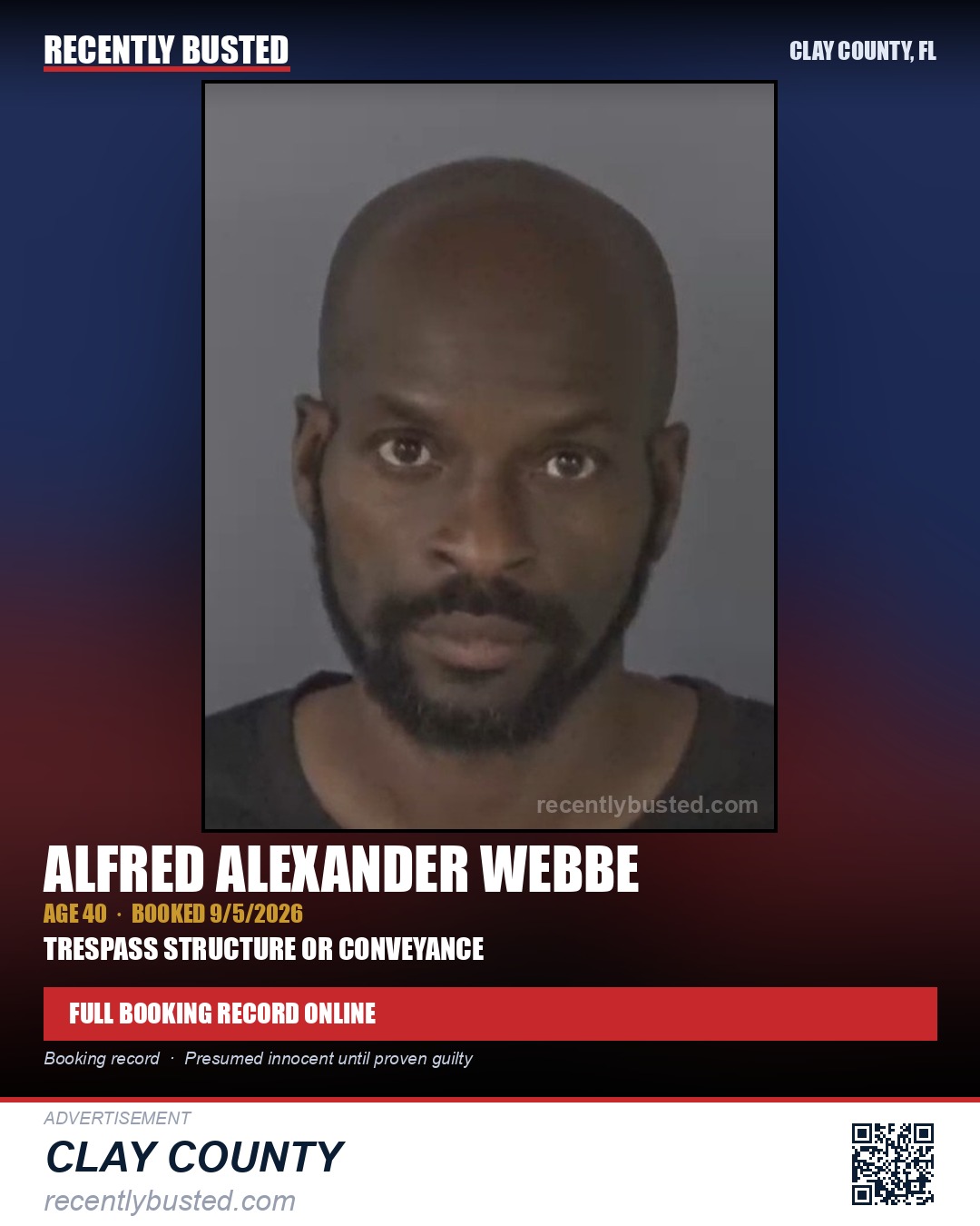 ALFRED ALEXANDER WEBBE — arrest record card, Clay County, Florida