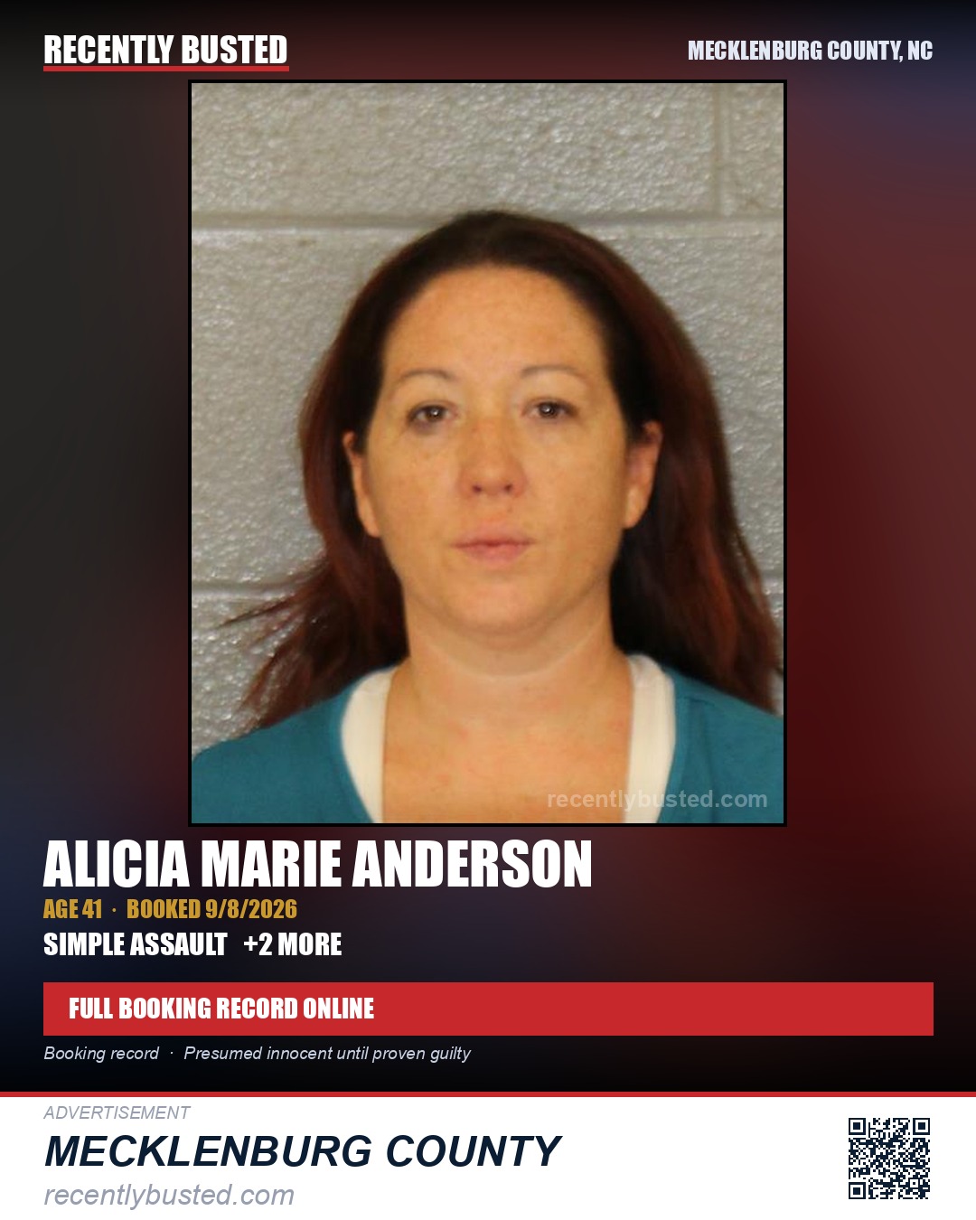 ALICIA MARIE ANDERSON — arrest record card, Mecklenburg County, North Carolina