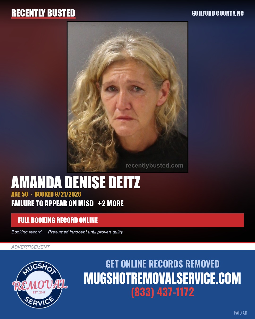 AMANDA DENISE DEITZ — arrest record card, Guilford County, North Carolina