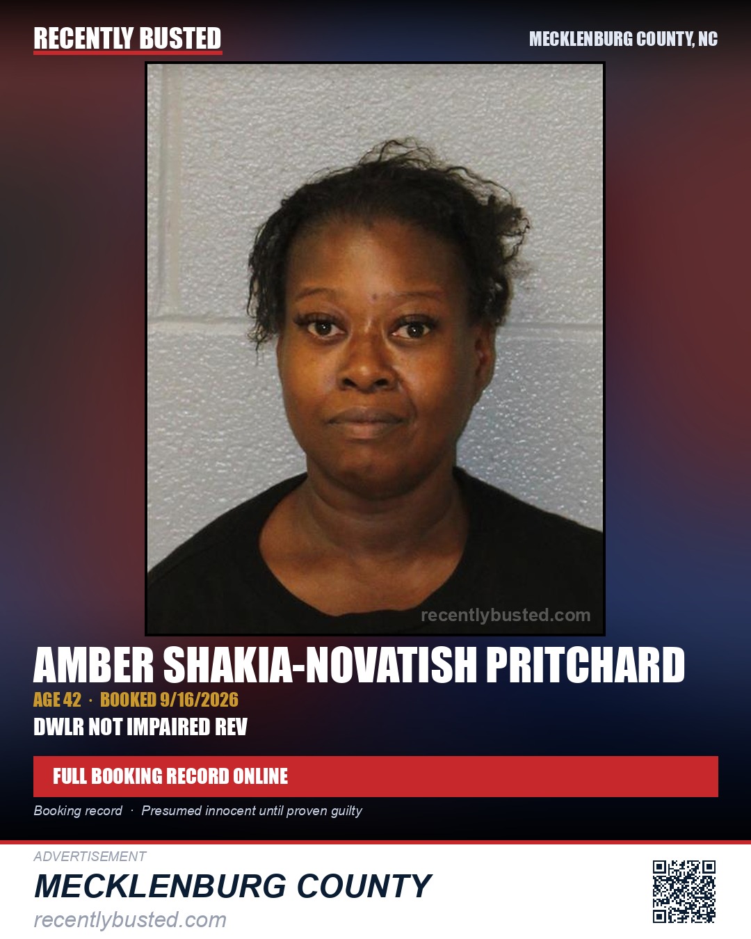 AMBER SHAKIA-NOVATISH PRITCHARD — arrest record card, Mecklenburg County, North Carolina