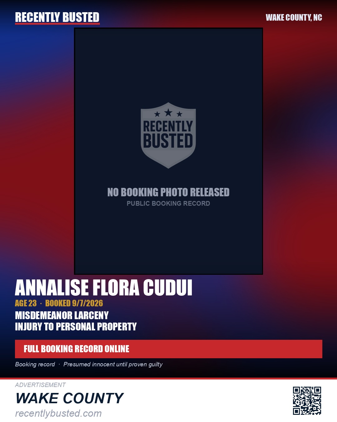 ANNALISE FLORA CUDUI — arrest record card, Wake County, North Carolina