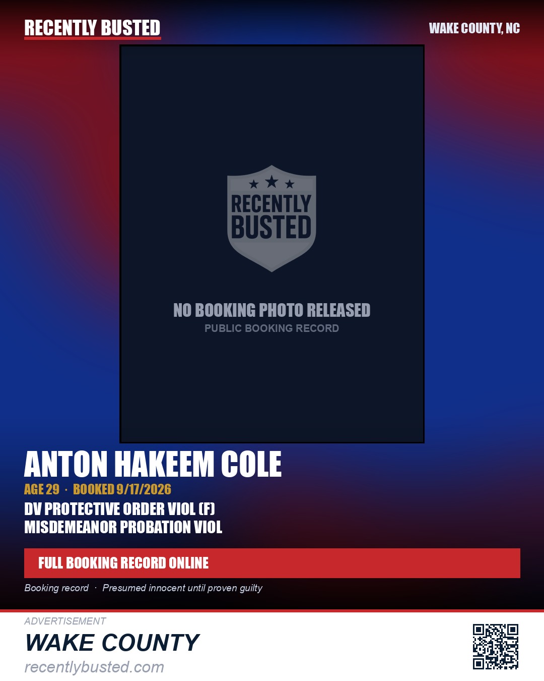ANTON HAKEEM COLE — arrest record card, Wake County, North Carolina