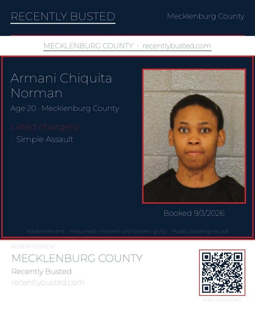 ARMANI CHIQUITA NORMAN — arrest record card, Mecklenburg County, North Carolina
