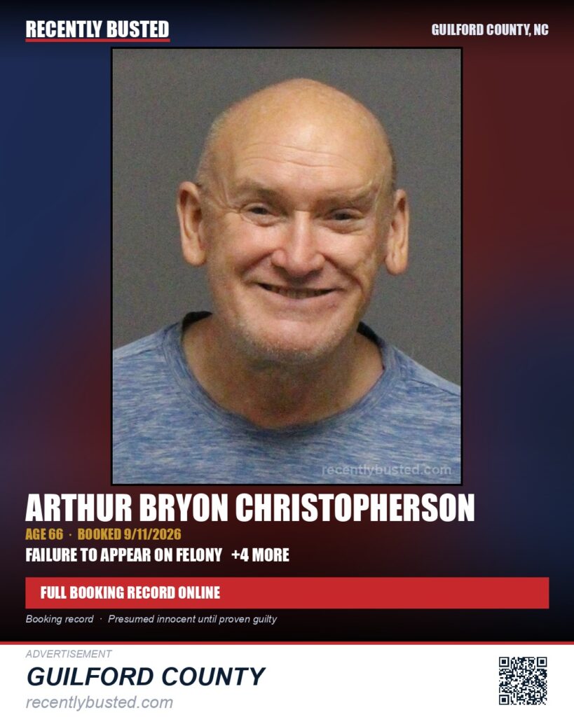 ARTHUR BRYON CHRISTOPHERSON — arrest record card, Guilford County, North Carolina