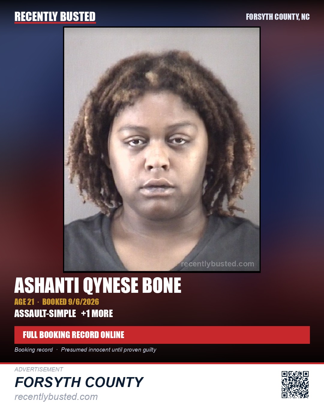 ASHANTI QYNESE BONE — arrest record card, Forsyth County, North Carolina