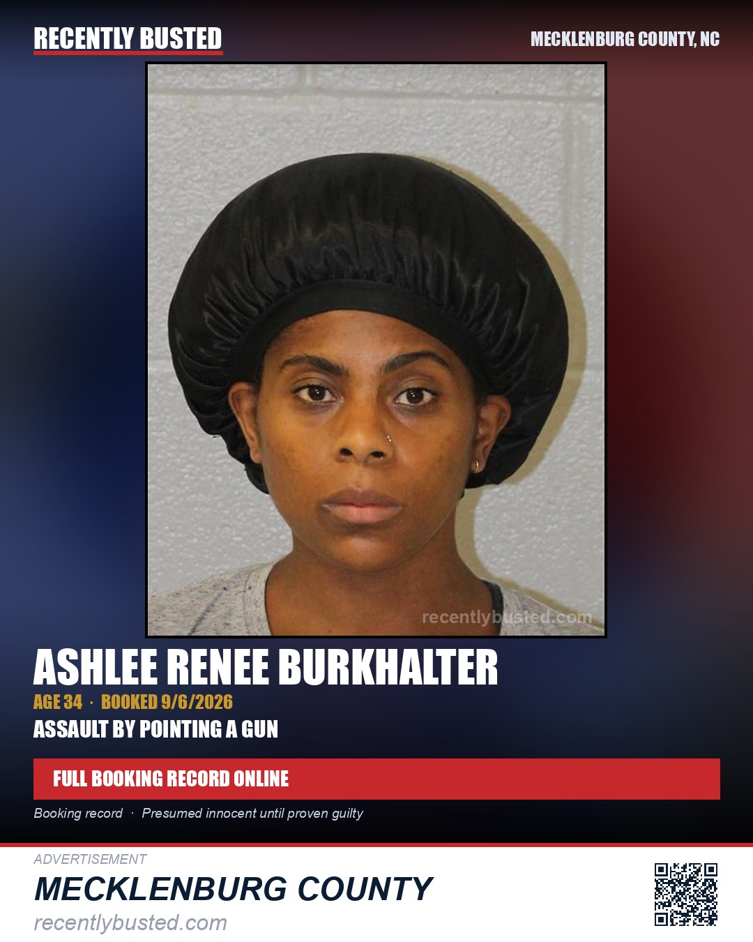 ASHLEE RENEE BURKHALTER — arrest record card, Mecklenburg County, North Carolina