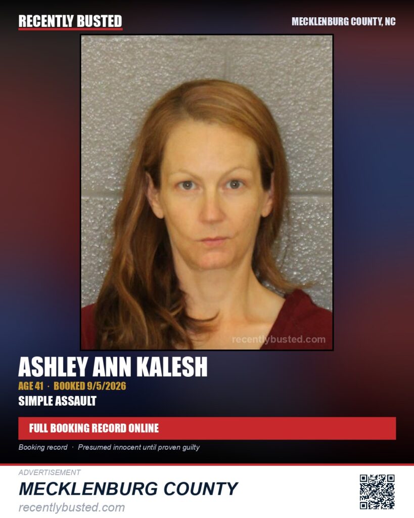 ASHLEY ANN KALESH — arrest record card, Mecklenburg County, North Carolina