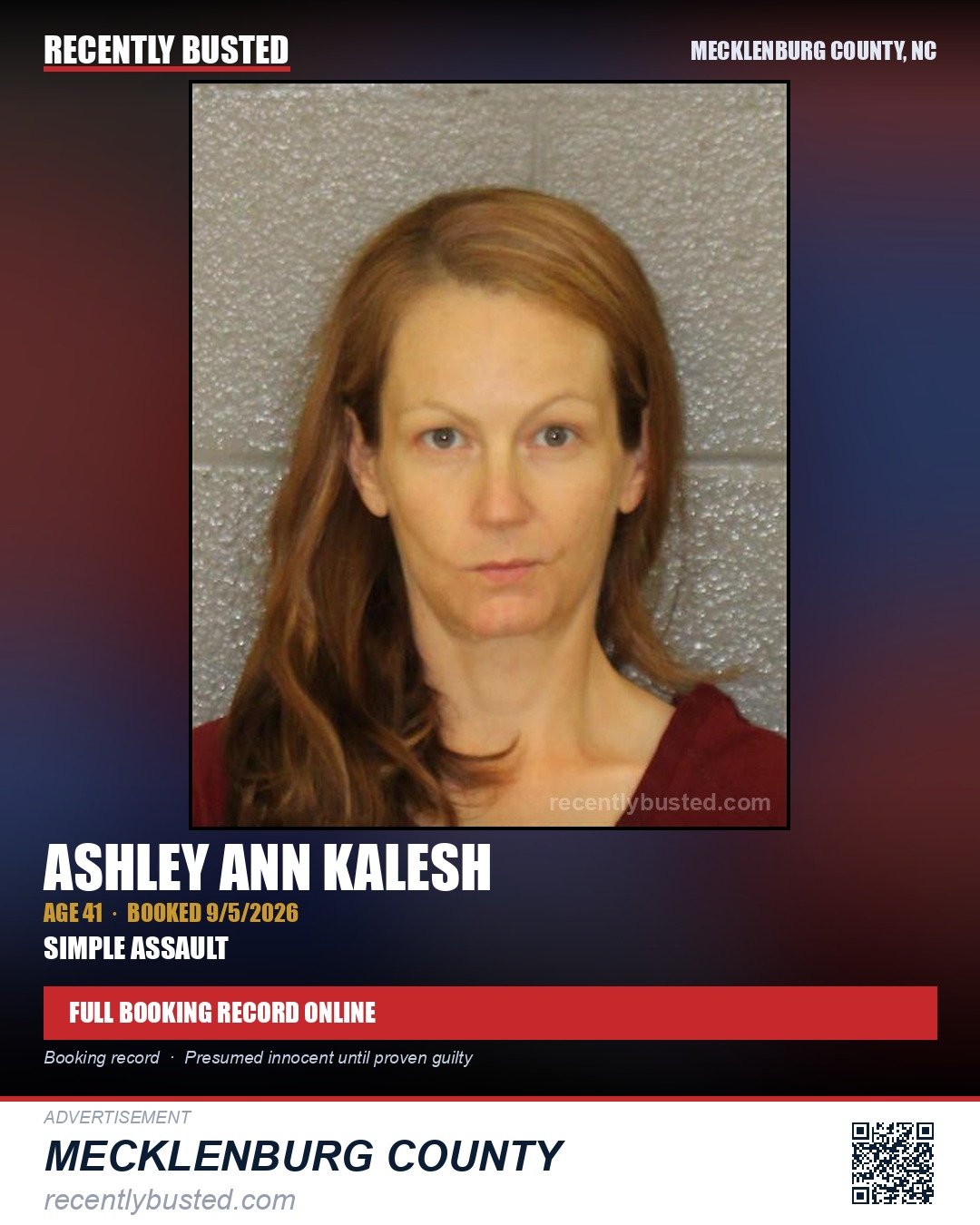ASHLEY ANN KALESH — arrest record card, Mecklenburg County, North Carolina