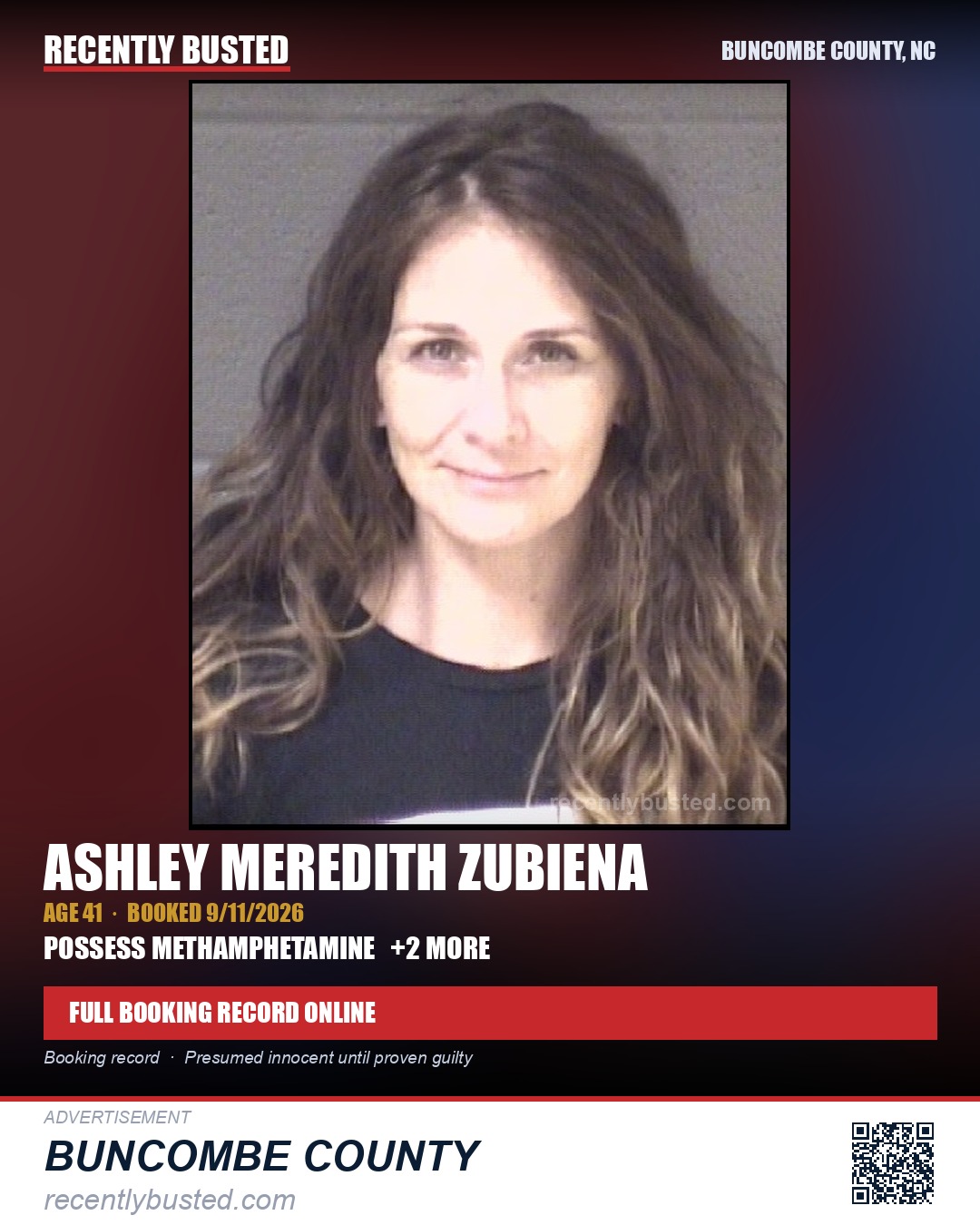 ASHLEY MEREDITH ZUBIENA — arrest record card, Buncombe County, North Carolina