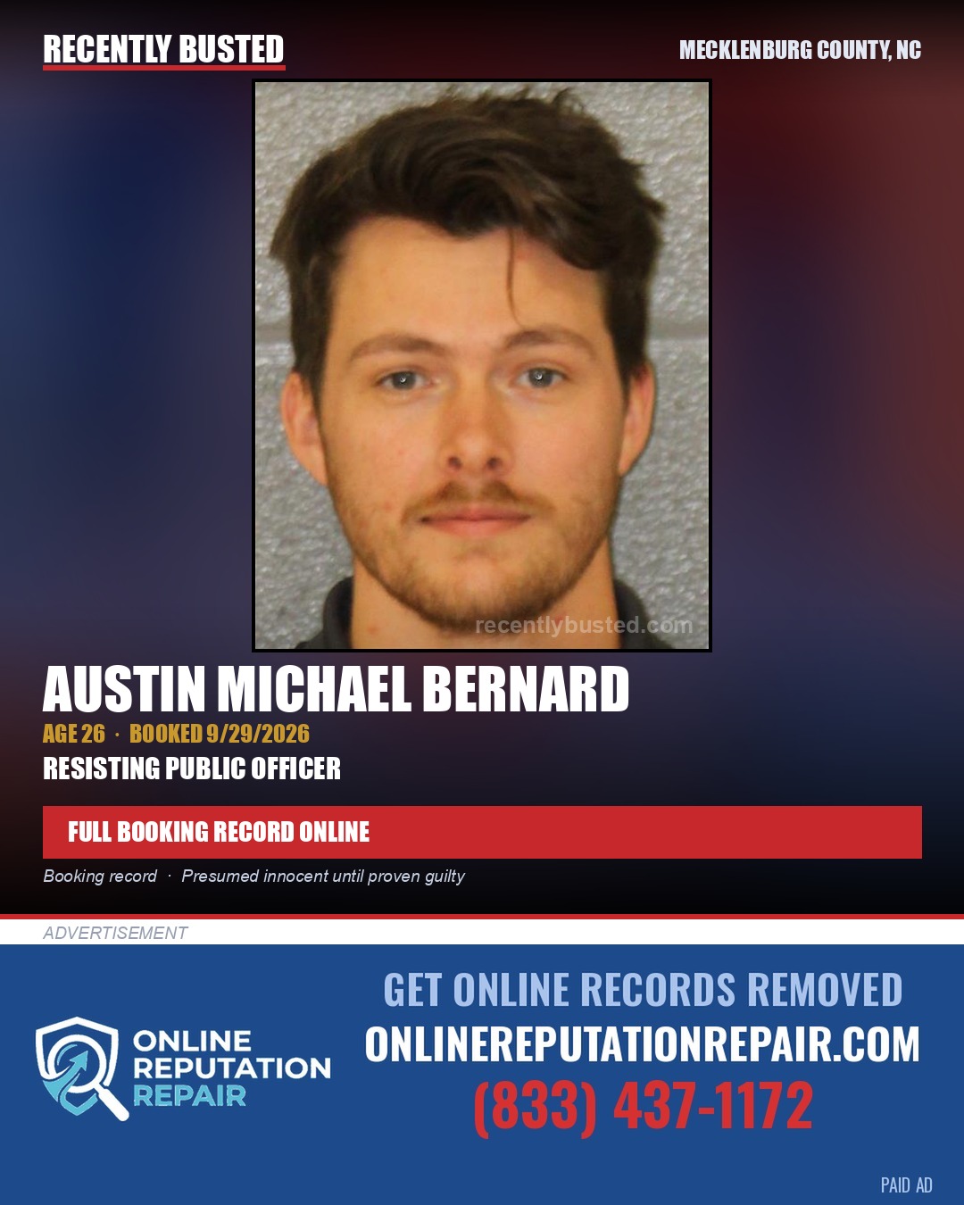 AUSTIN MICHAEL BERNARD — arrest record card, Mecklenburg County, North Carolina