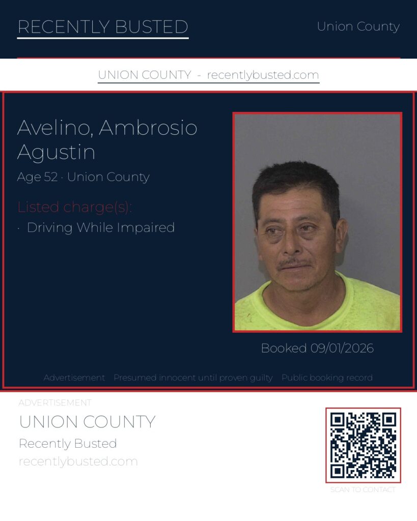AVELINO, AMBROSIO AGUSTIN — arrest record card, Union County, North Carolina