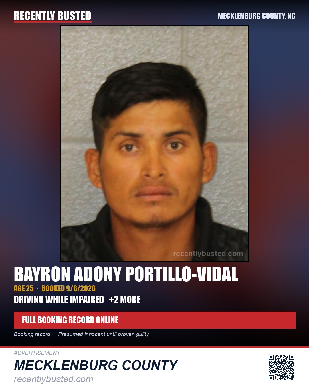 BAYRON ADONY PORTILLO-VIDAL — arrest record card, Mecklenburg County, North Carolina