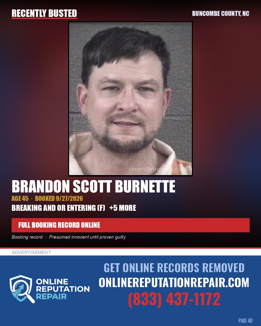 BRANDON SCOTT BURNETTE — arrest record card, Buncombe County, North Carolina