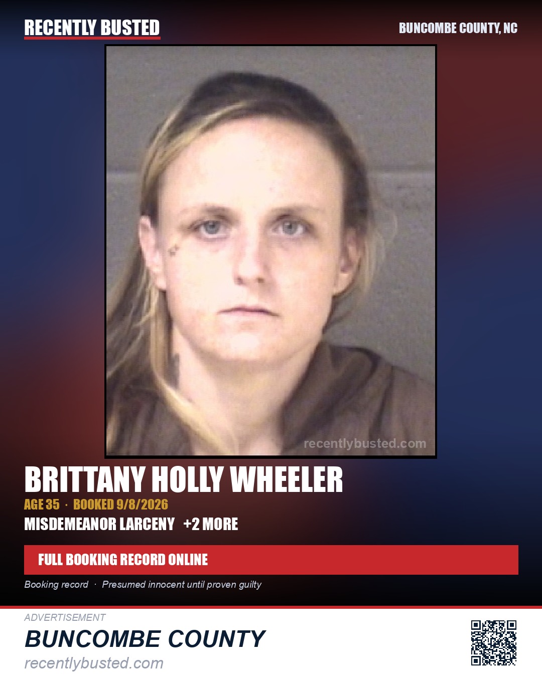 BRITTANY HOLLY WHEELER — arrest record card, Buncombe County, North Carolina