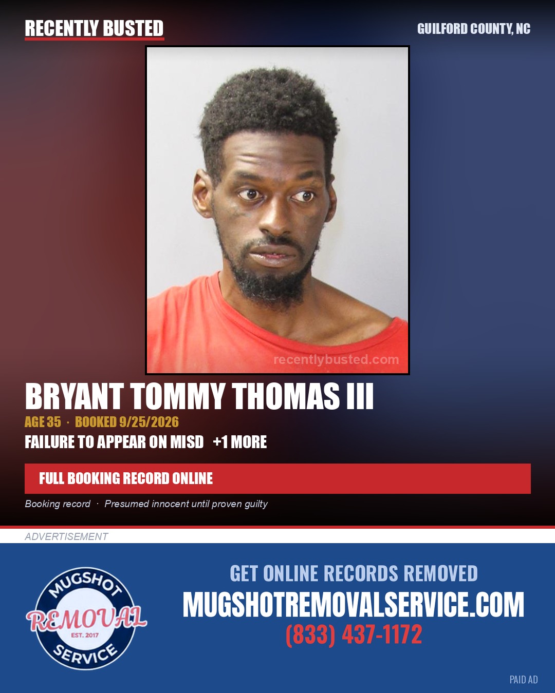 BRYANT TOMMY THOMAS III — arrest record card, Guilford County, North Carolina