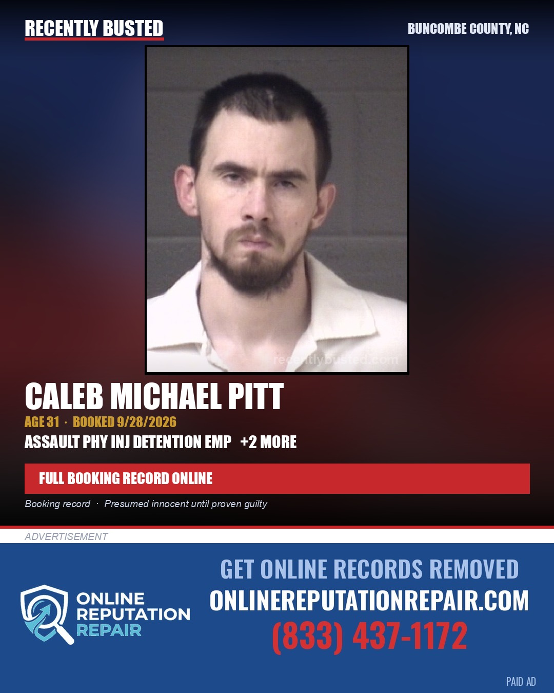 CALEB MICHAEL PITT — arrest record card, Buncombe County, North Carolina