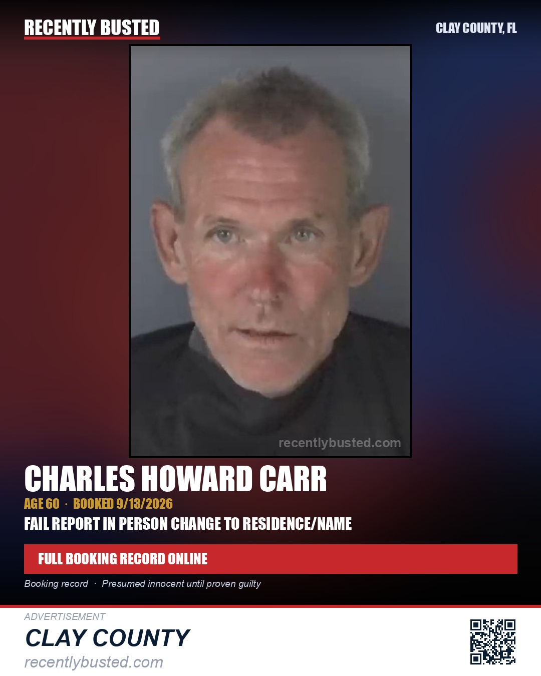 CHARLES HOWARD CARR — arrest record card, Clay County, Florida