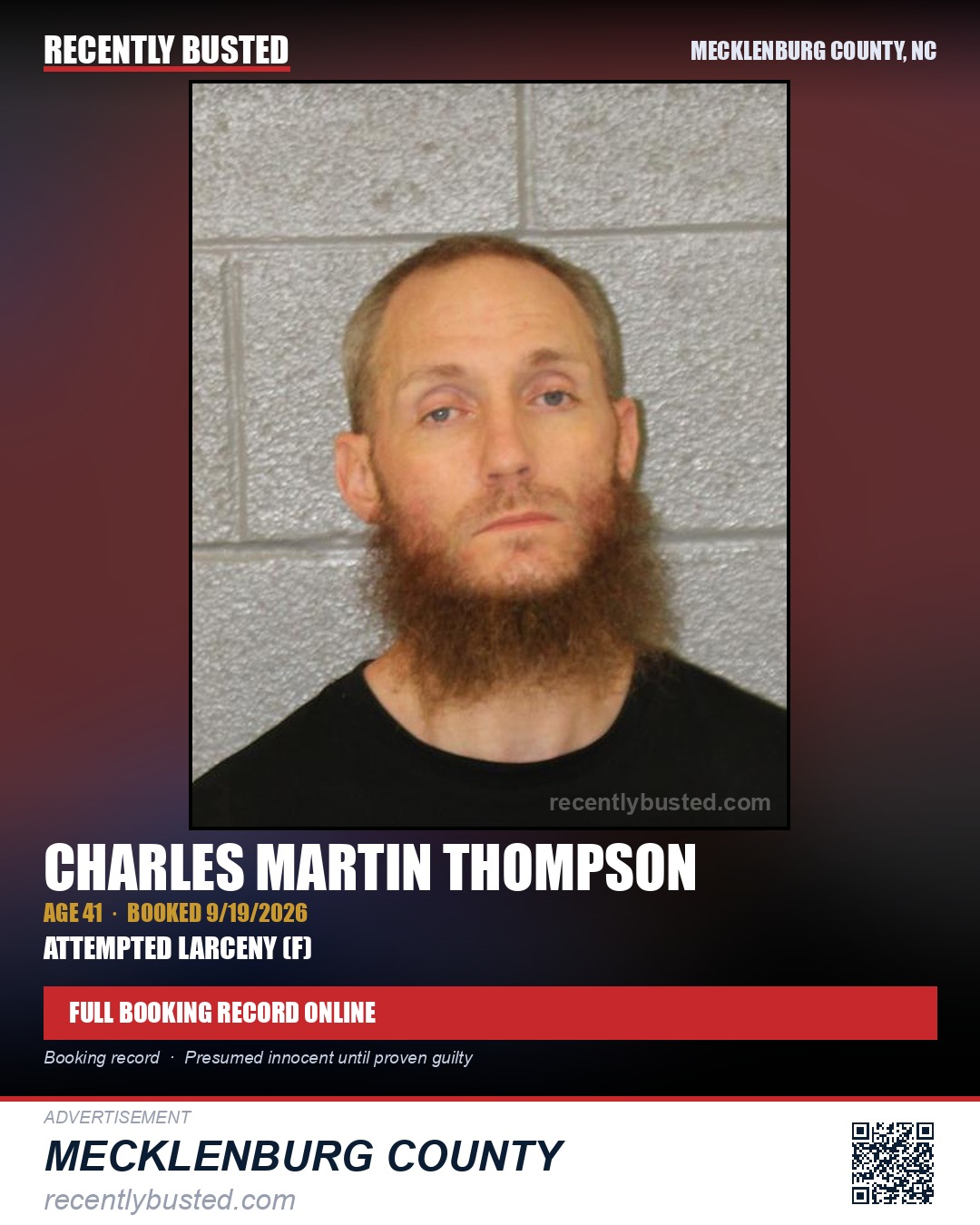 CHARLES MARTIN THOMPSON — arrest record card, Mecklenburg County, North Carolina