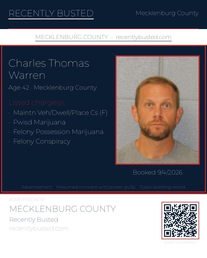 CHARLES THOMAS WARREN — arrest record card, Mecklenburg County, North Carolina