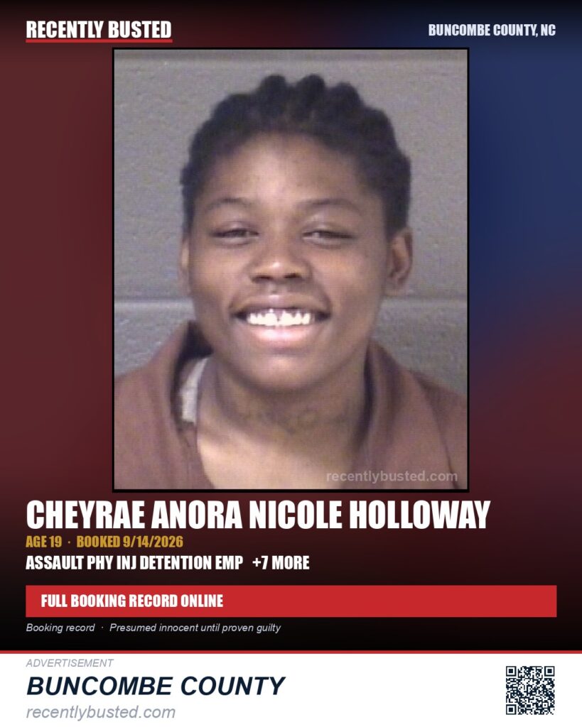 CHEYRAE ANORA NICOLE HOLLOWAY — arrest record card, Buncombe County, North Carolina