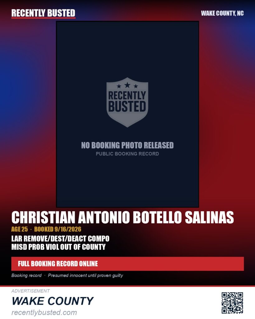 CHRISTIAN ANTONIO BOTELLO SALINAS — arrest record card, Wake County, North Carolina