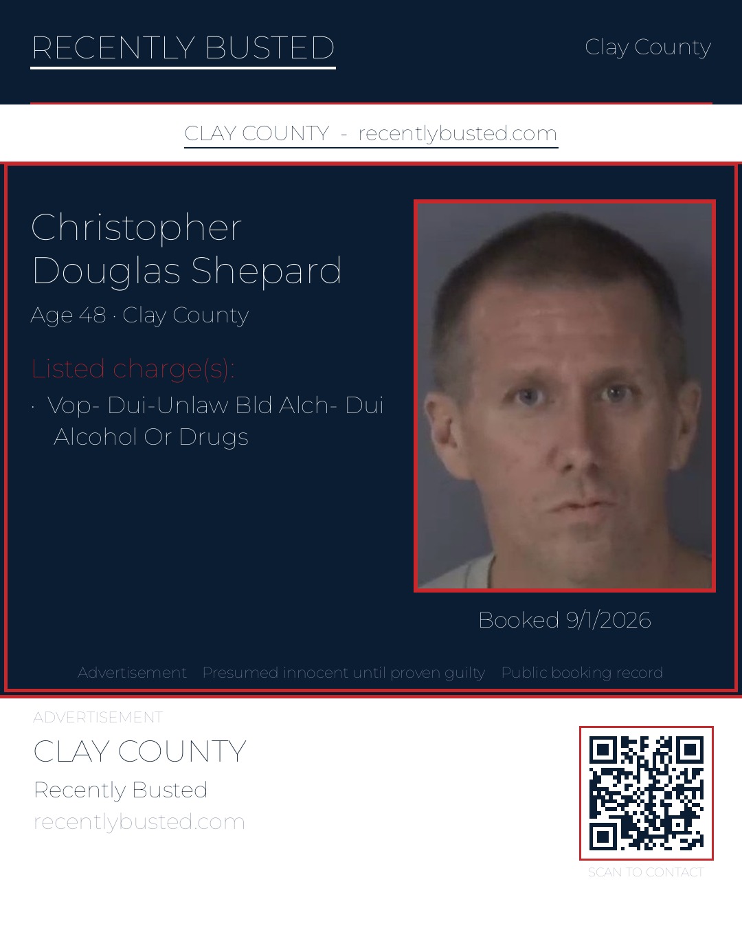 CHRISTOPHER DOUGLAS SHEPARD — arrest record card, Clay County, Florida