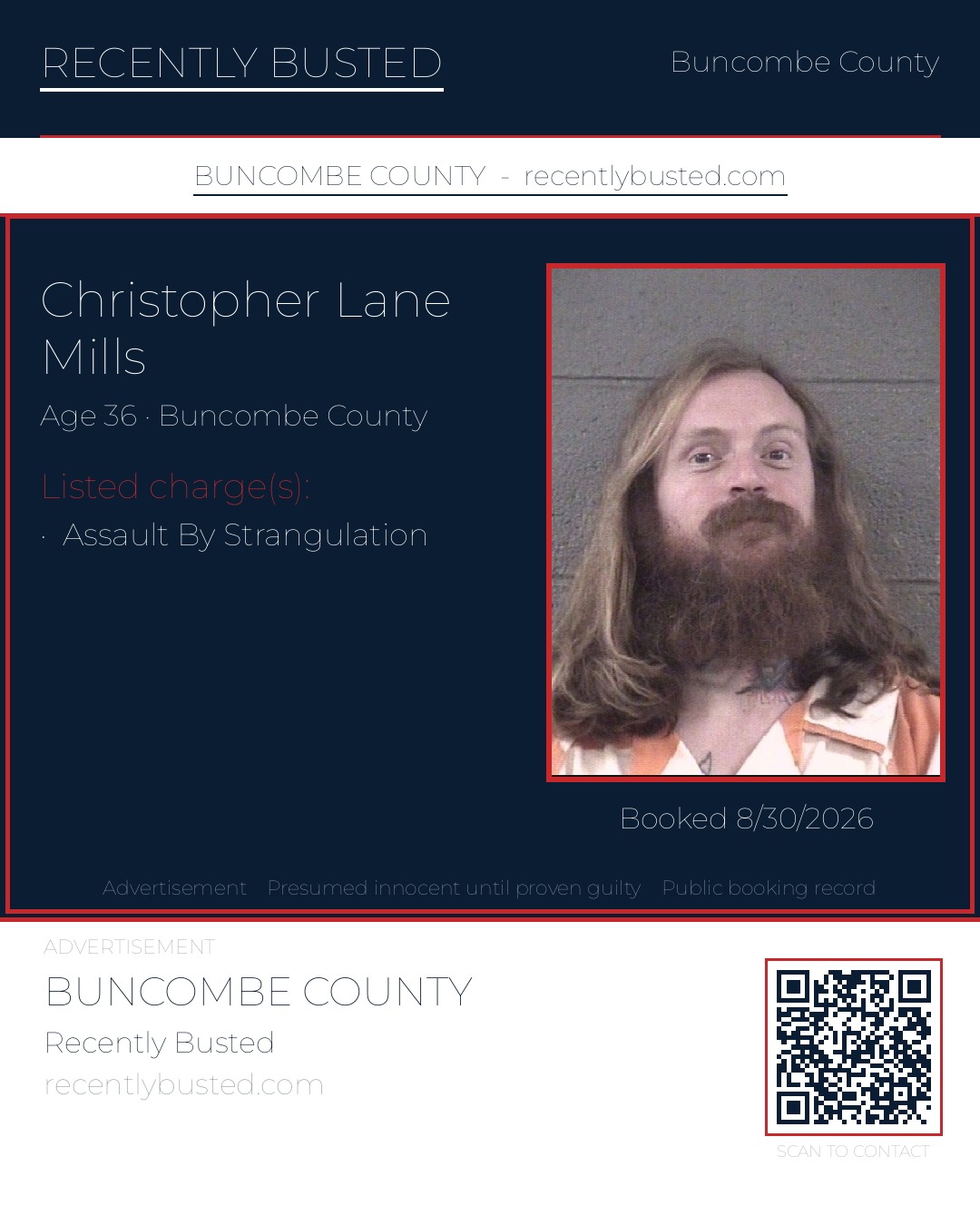 CHRISTOPHER LANE MILLS — arrest record card, Buncombe County, North Carolina