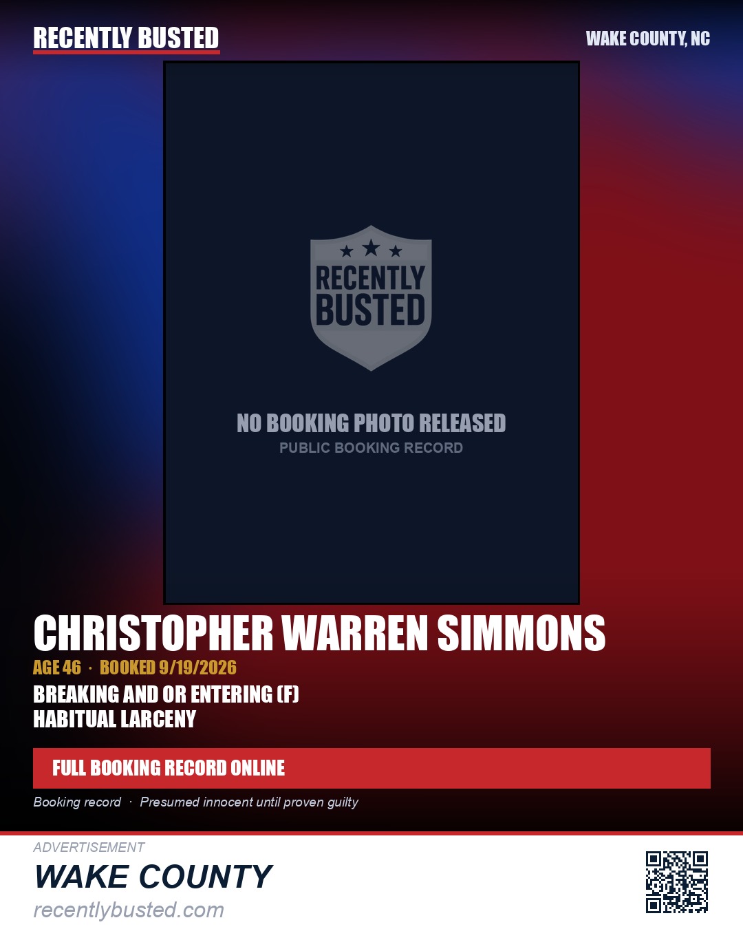 CHRISTOPHER WARREN SIMMONS — arrest record card, Wake County, North Carolina