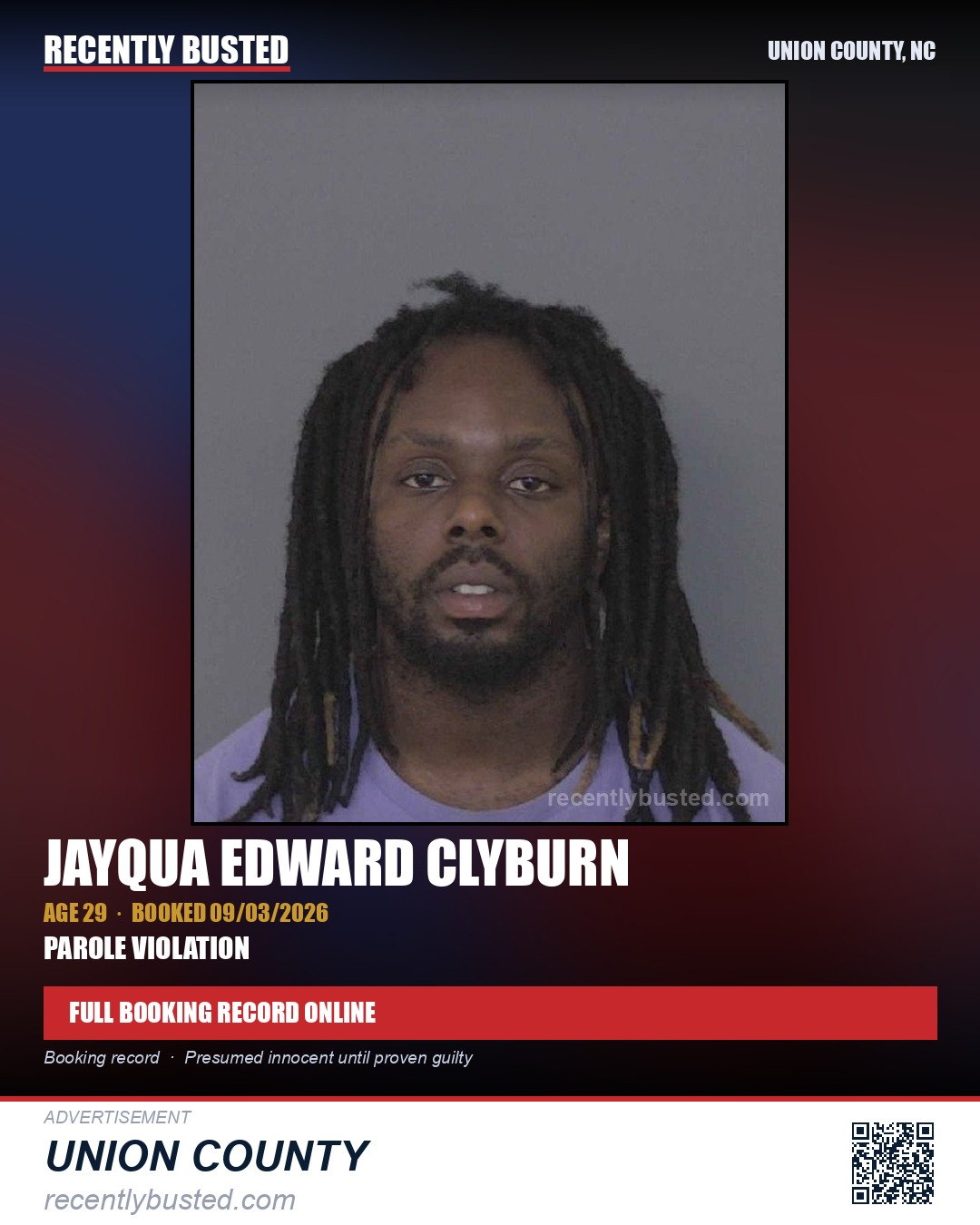 CLYBURN, JAYQUA EDWARD — arrest record card, Union County, North Carolina