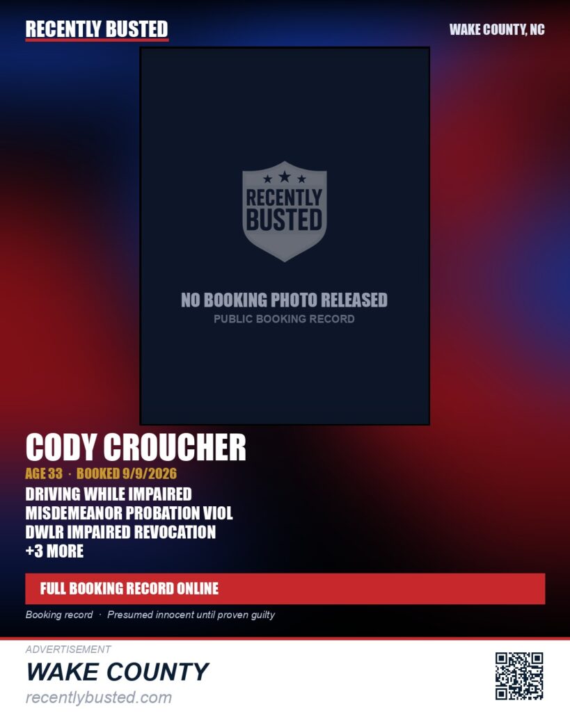 CODY CROUCHER — arrest record card, Wake County, North Carolina
