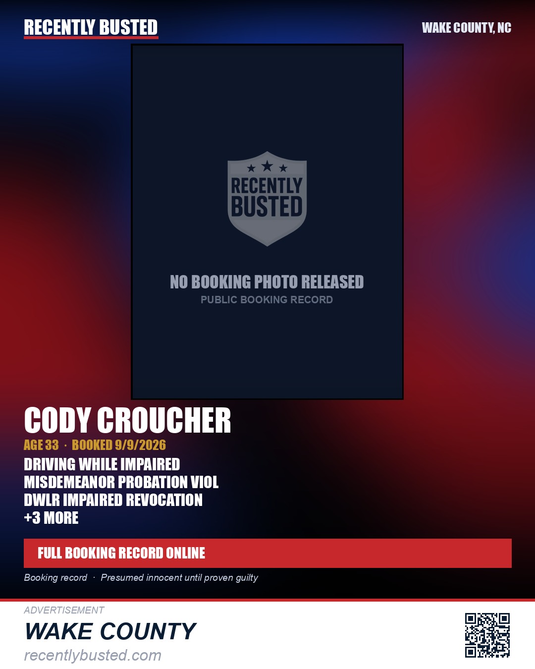 CODY CROUCHER — arrest record card, Wake County, North Carolina