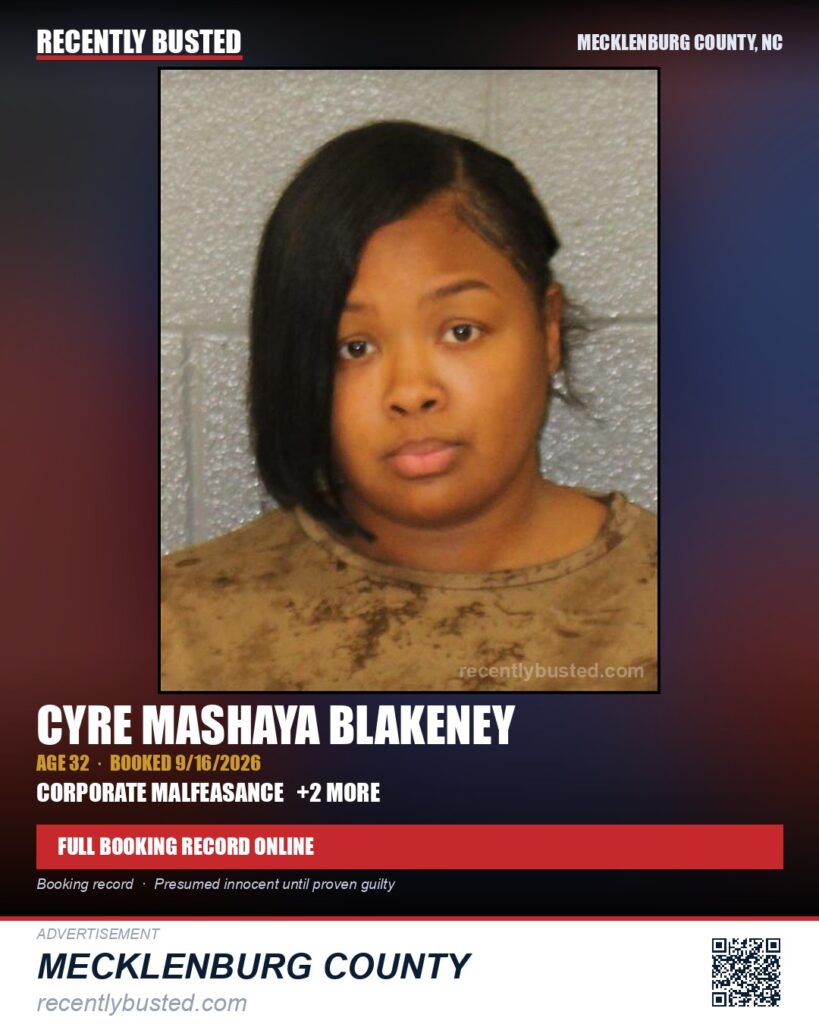 CYRE MASHAYA BLAKENEY — arrest record card, Mecklenburg County, North Carolina