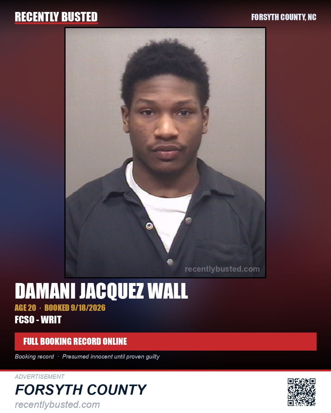 DAMANI JACQUEZ WALL — arrest record card, Forsyth County, North Carolina