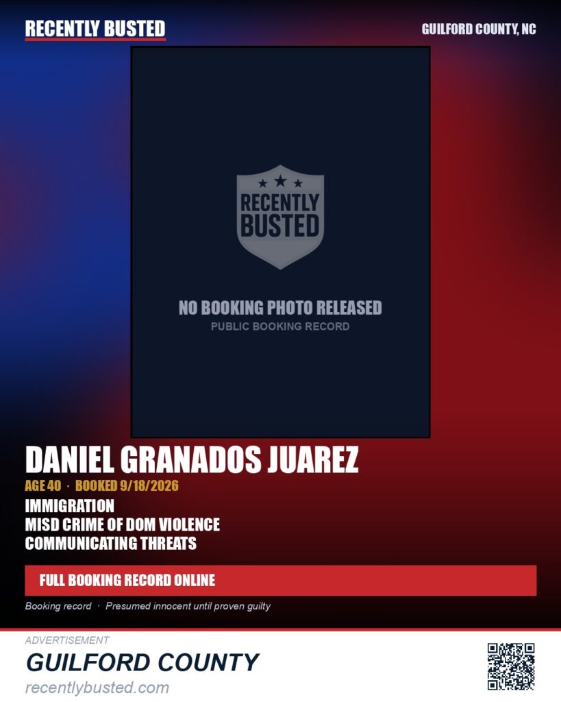 DANIEL GRANADOS JUAREZ — arrest record card, Guilford County, North Carolina