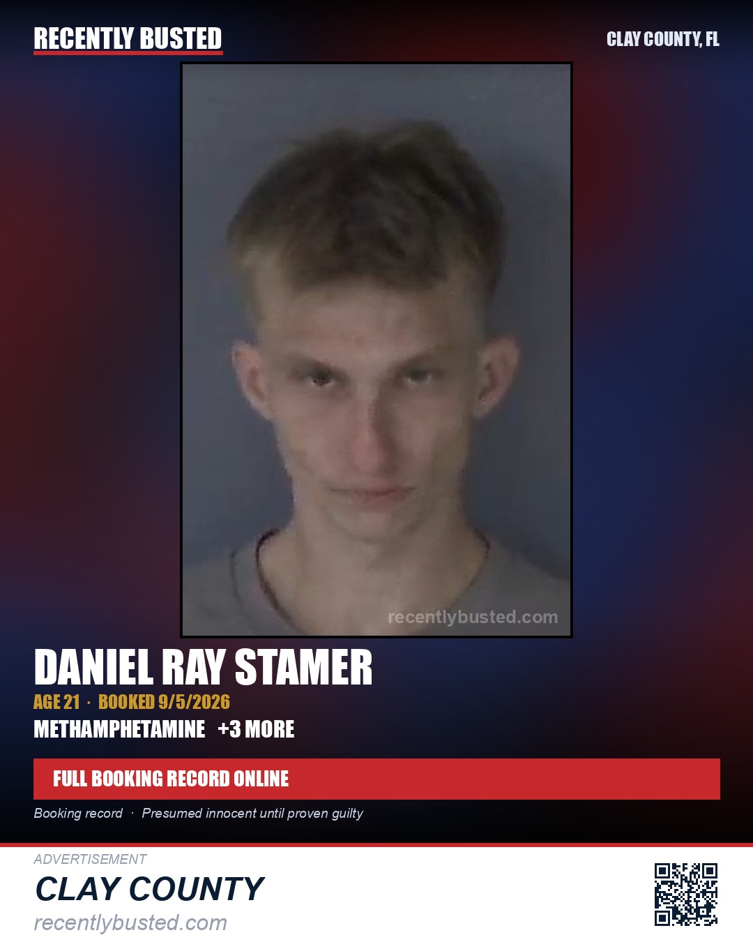 DANIEL RAY STAMER — arrest record card, Clay County, Florida