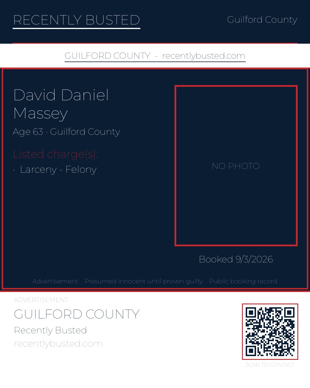DAVID DANIEL MASSEY — arrest record card, Guilford County, North Carolina