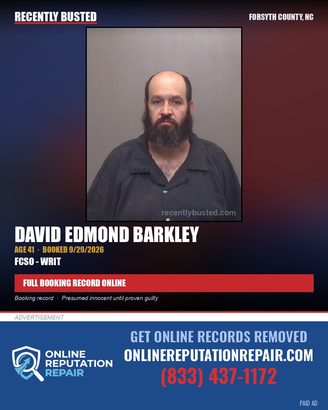DAVID EDMOND BARKLEY — arrest record card, Forsyth County, North Carolina