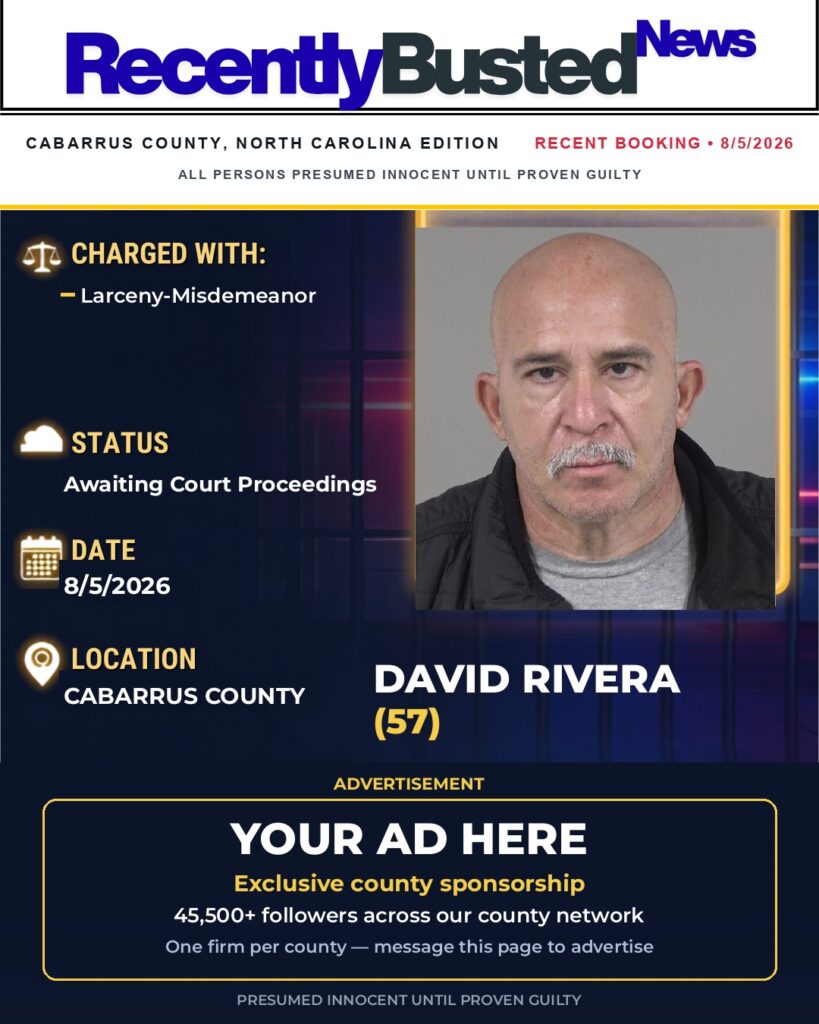 DAVID RIVERA — arrest record card, Cabarrus County