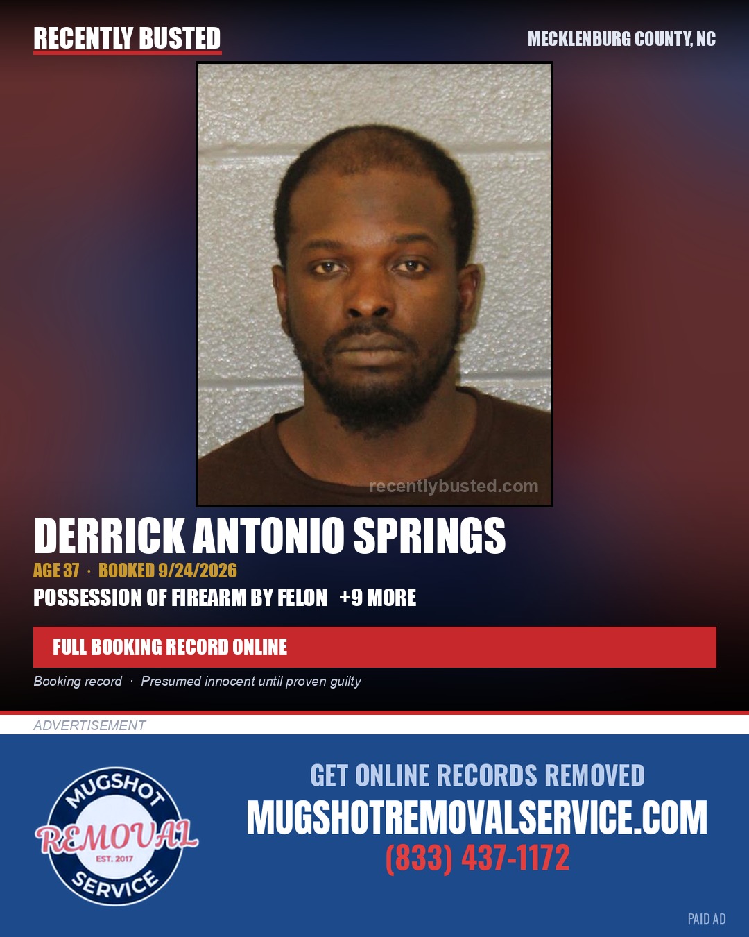 DERRICK ANTONIO SPRINGS — arrest record card, Mecklenburg County, North Carolina
