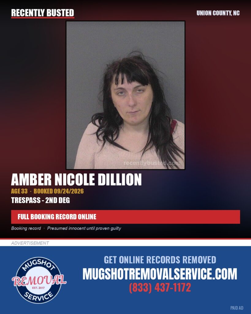 DILLION, AMBER NICOLE — arrest record card, Union County, North Carolina